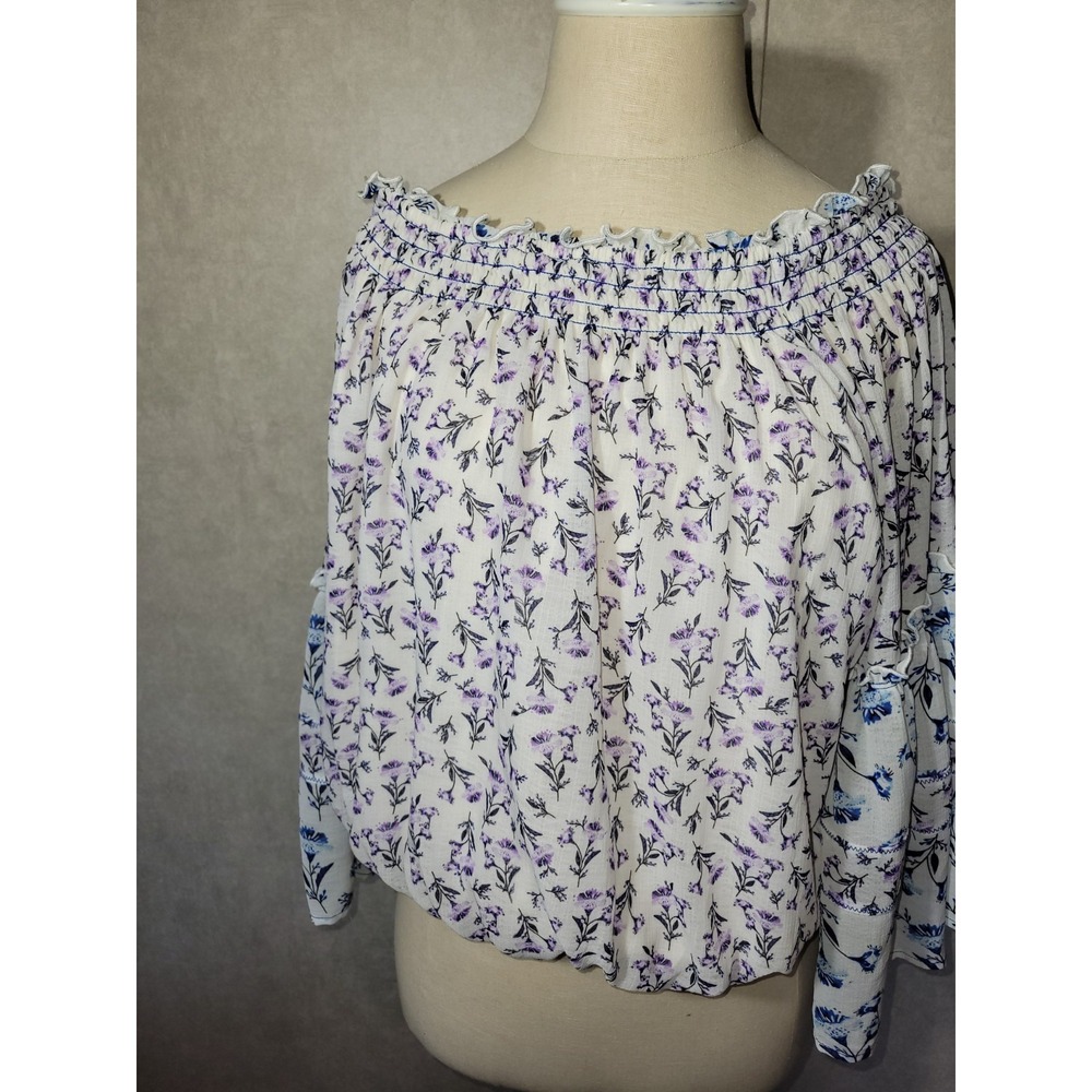 Free People Floral Smocked Off Shoulder Peasant Top Size Small Blue & Lavender - Picture 2 of 11